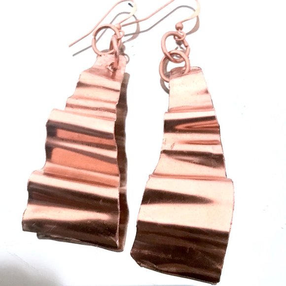 Solid Copper Crinkle Long Earrings Rustic Dangle Handmade Artisan Form Folded - Picture 8 of 8